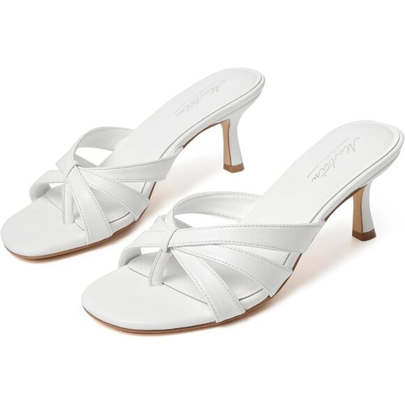 Mostrin Women's White Strappy Kitten Round Open Toe Fashion Thong Heeled Sandals - Picture 1 of 9